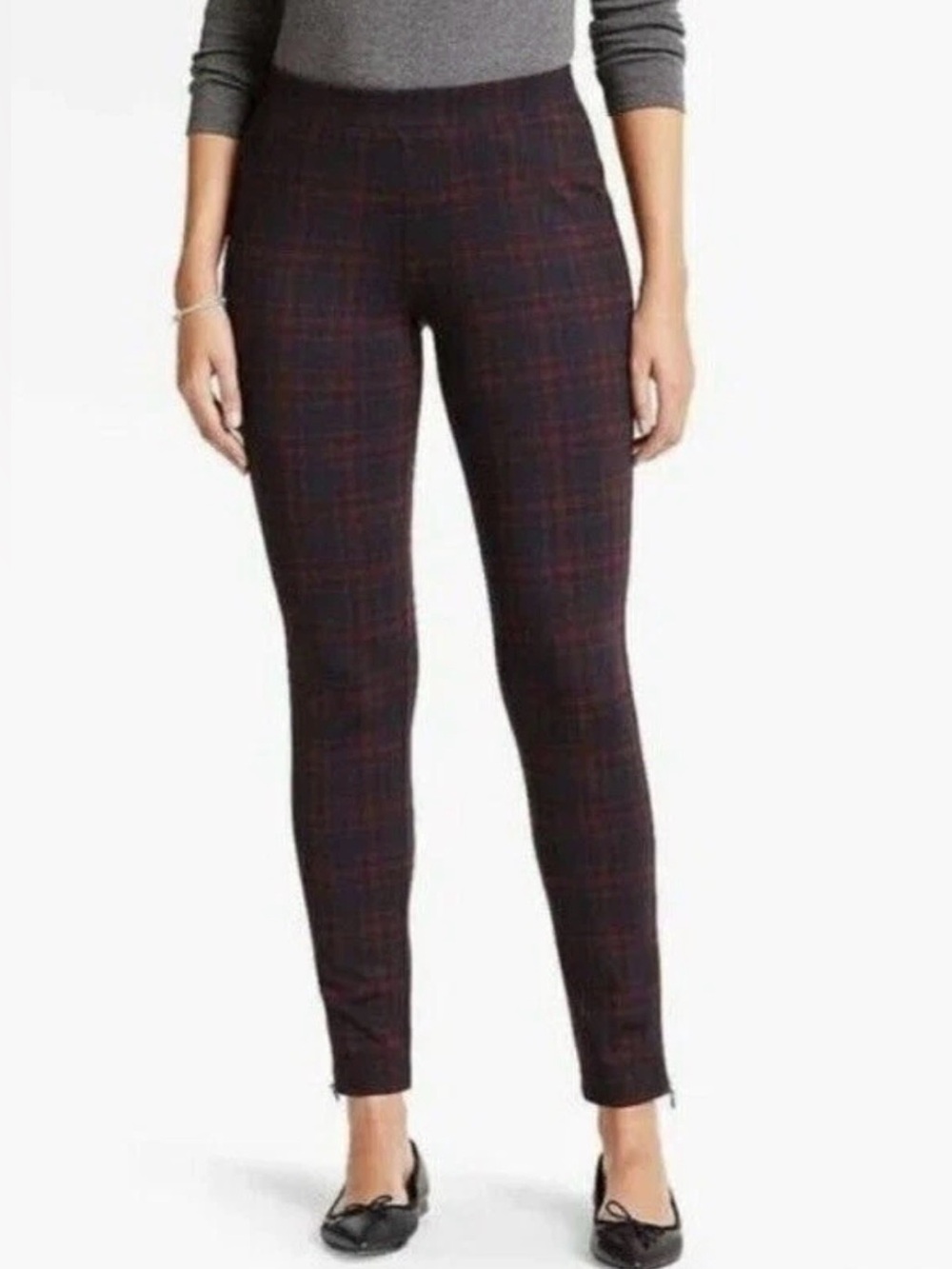 Talbots Navy Leggings with Burgundy Plaid Waistband